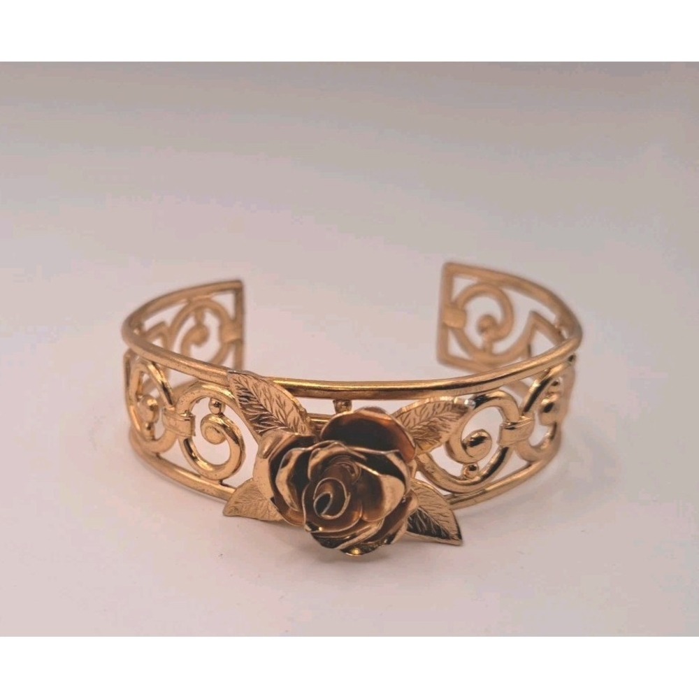 Vintage Coro Yellow Rose Gold Tone  Floral Design Open Scroll Work Cuff Bracelet